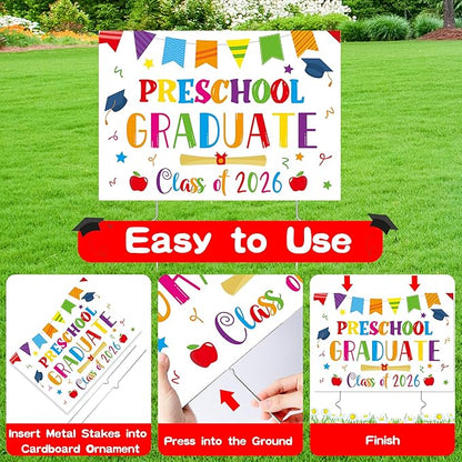 Preschool Grad Yard Sign - Class of 2026 Kindergarten Graduate Lawn Sign with Stake School Congrats Graduation Decorations Colorful Graduation Party Favors Supplies Outdoor Photo Booth Props for Kids
