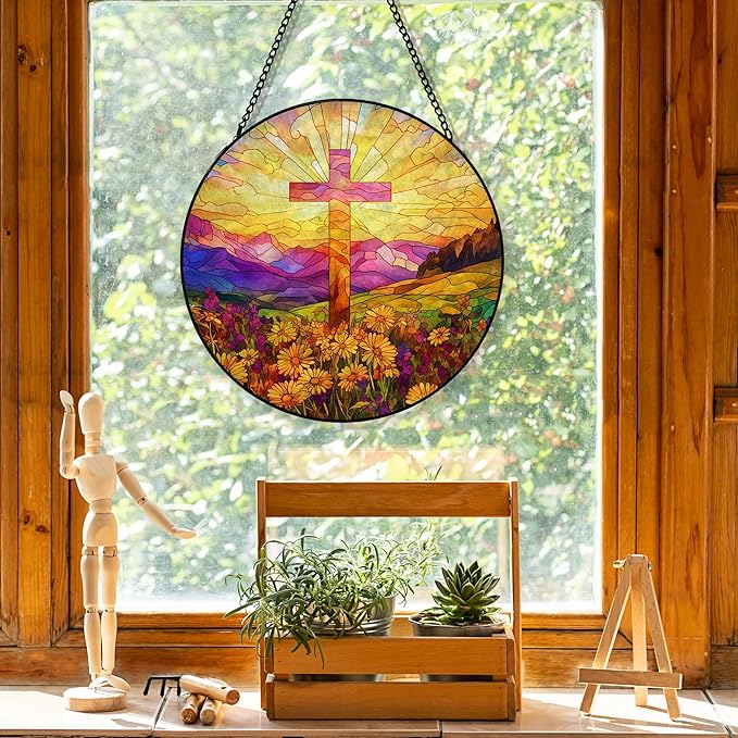 Cross Suncatcher Stained Glass Window Hanging, Wildflower Flower Cross Sun Catchers Indoor Window Glass Round Wall Decor, Religious Wall Art Hanging Decorations, 7.8＂x7.8＂