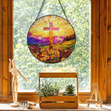 Cross Suncatcher Stained Glass Window Hanging, Wildflower Flower Cross Sun Catchers Indoor Window Glass Round Wall Decor, Religious Wall Art Hanging Decorations, 7.8＂x7.8＂