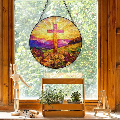 Cross Suncatcher Stained Glass Window Hanging, Wildflower Flower Cross Sun Catchers Indoor Window Glass Round Wall Decor, Religious Wall Art Hanging Decorations, 7.8＂x7.8＂