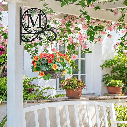 Metal Initial Letter M Plant Hanger Bracket, Decorative Wall Mount Hanging Plant Hook, Monogram Floral Leaf Garden Decor for Hanging Baskets, Bird Feeders, Lanterns, Wind Chimes