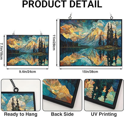 Rectangle Mosaic Mountain Reflection Lake Stained Glass Window Hanging, 15" W X 11" H Stained Glass Panel with Chain, Suncatchers for Windows Hanging Decorations, Gifts for Mom