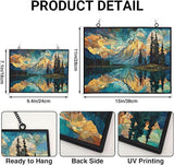 Rectangle Mosaic Mountain Reflection Lake Stained Glass Window Hanging, 15" W X 11" H Stained Glass Panel with Chain, Suncatchers for Windows Hanging Decorations, Gifts for Mom, Grandma