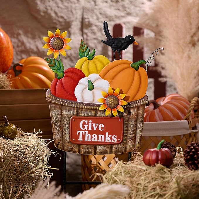 TERESA'S COLLECTIONS Fall Decorations for Outdoor Home, Pumpkin Fall Garden Decor, Autumn Metal Yard Signs Stake Lawn Sunflower for Thanksgiving Decorations, Harvest Outside Patio Party Gifts, 28 in