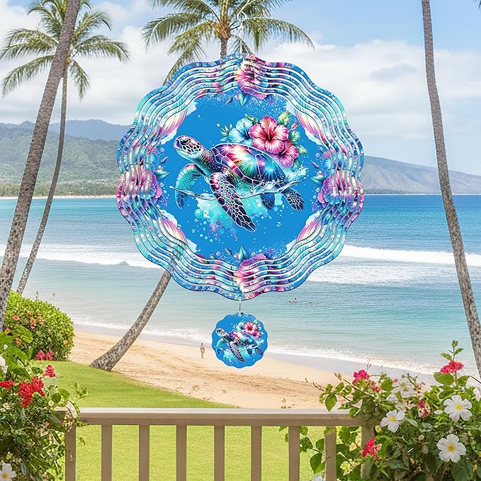 Sea Turtle Wind Spinner - Outdoor 3D Hanging Decor for Yard Garden Patio Porch Metal Kinetic Spinning Ornaments Indoor Outside Art Sculptures Birthday for Women Mom Grandma