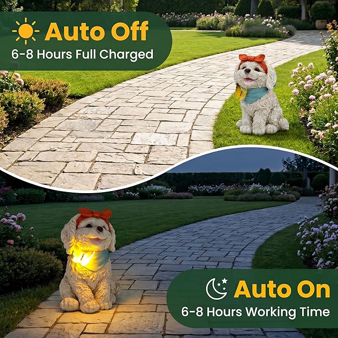 Solar Garden Poodle Statue, Detachable Ground Stake, White Resin Puppy with LED Butterfly and Blue Scarf, Waterproof Yard Decor for Patio, Lawn, Porch, Pathway, and Gift Giving