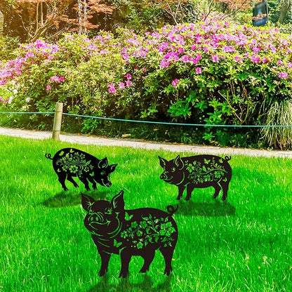 Rngmsi Pig Decorative Garden Stakes Gifts, 3PCS Metal Pig Garden Statues Decor for Outside, Black Silhouette Yard Lawn Outdoor Gifts for Women Men Pig Lovers