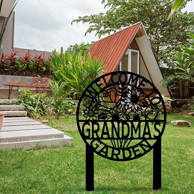 Personalized Flowers Metal Garden Sign with Stake, Front Yard Welcome Decorative, Custom Home Garden Decor, Customized Metal Yard Sign, Farmhouse Gardening Backyard Decor, Outside Art, Gift for Mom