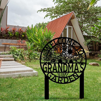 Personalized Flowers Metal Garden Sign with Stake, Front Yard Welcome Decorative, Custom Home Garden Decor, Customized Metal Yard Sign, Farmhouse Gardening Backyard Decor, Outside Art, Gift for Mom