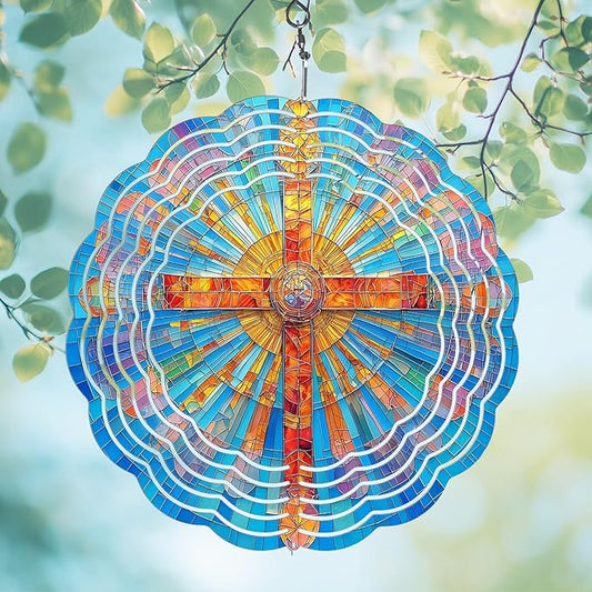 Cross Wind Spinners Outdoor, Hanging Wind Spinner for Garden Decoration, 8 inch 3D Stainless Steel Metal Wind Sculpture for Indoor/Outdoor Decor