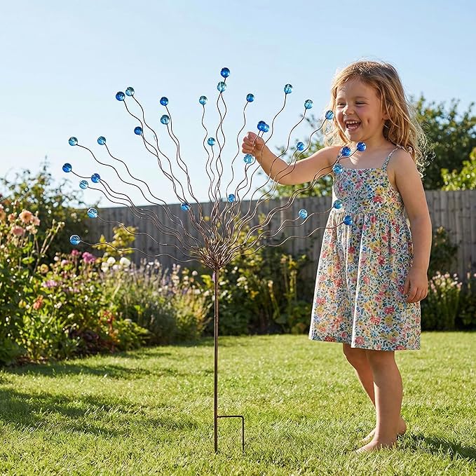 Novabright Whimsical Blue Bead Tree Yard Stake 40 Inch H 30 Arm Bead Art Garden Decoration Handmade Rustic Metal Decorative Yard Stake for Women Gift Party Decor