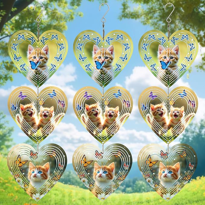 Wind Spinners Outdoor, Bird Repellent，3D Hearts Cat Pattern Hanging, 15 inches, Kinetic, Stainless-Steel Metal, Indoor and Outdoor Decoration for Garden, Patio, Yard, Gift for Women Mom Wife.