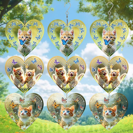 Wind Spinners Outdoor, Bird Repellent，3D Hearts Cat Pattern Hanging, 15 inches, Kinetic, Stainless-Steel Metal, Indoor and Outdoor Decoration for Garden, Patio, Yard, Gift for Women Mom Wife.