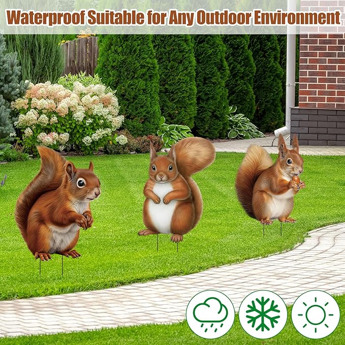 Silkfly 3 Pack Metal Squirrel Garden Stakes Spring Summer Outdoor Decorative Woodland Squirrel Figurine Statue for Garden Outside Yard Patio Lawn Outdoor Home Decorations