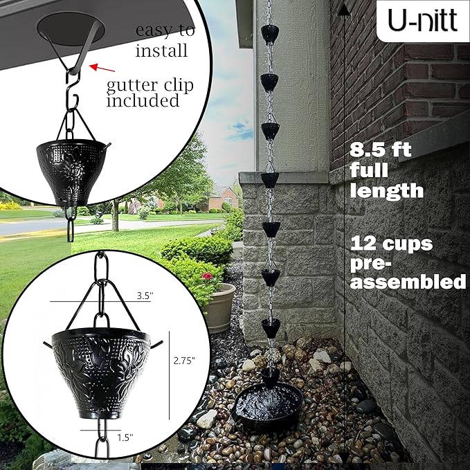 U-nitt Rain Chain Water Collection for Gutters Rainwater Catcher & Diverter, 8.5 FT Chains for Outside Garden, Sunflower Cups, Roof Downspout, Works with Heavy Rain, w/Gutter Clip for Rainchains