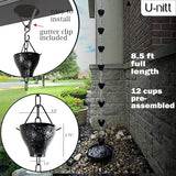 U-nitt Rain Chain Water Collection for Gutters Rainwater Catcher & Diverter, 8.5 FT Chains for Outside Garden, Sunflower Cups, Roof Downspout, Works with Heavy Rain, w/Gutter Clip for Rainchains