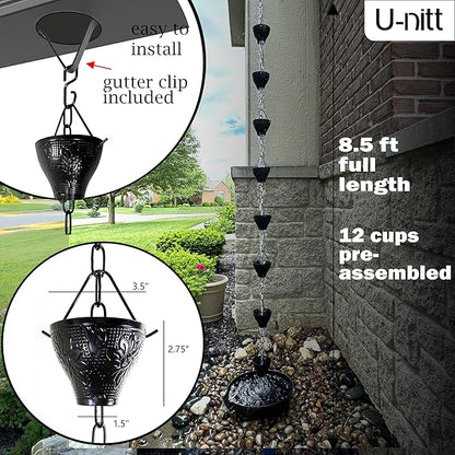 U-nitt Rain Chain Water Collection for Gutters Rainwater Catcher & Diverter, 8.5 FT Chains for Outside Garden, Sunflower Cups, Roof Downspout, Works with Heavy Rain, w/Gutter Clip for Rainchains