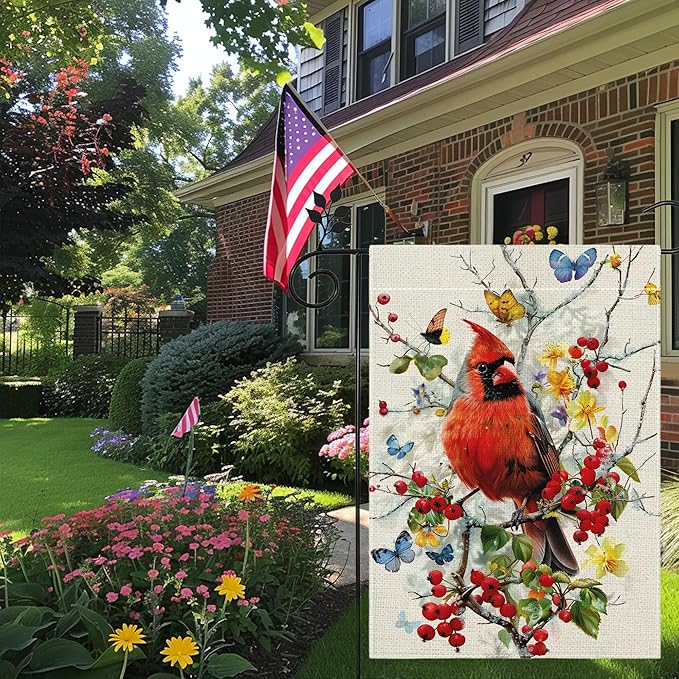 Spring Summer Cardinal Bird Butterfly Floral Garden Flag 12x18 Inch Double Sided, Welcome Yard Decor, Farmhouse Outdoor Flag for Lawn Patio Porch