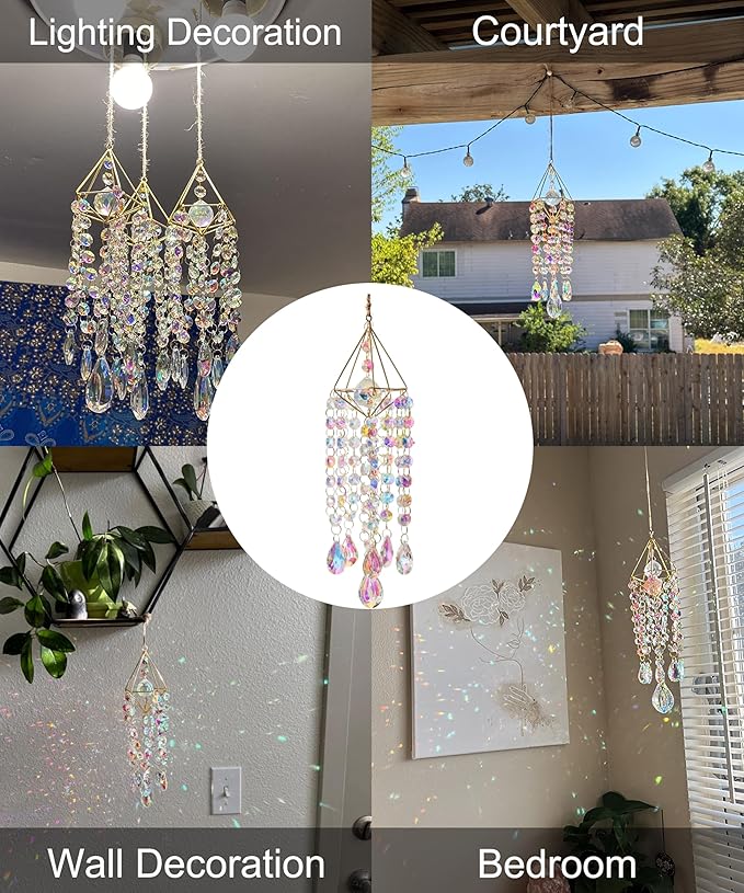 Crystal Sun Catcher Hanging Suncatchers Crystal Prisms Wind Chime Room Decor for Garden Home Windows Decoration (Colorful Gold)