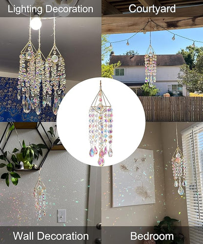 Crystal Sun Catcher Hanging Suncatchers Crystal Prisms Wind Chime Room Decor for Garden Home Windows Decoration (Colorful Gold)