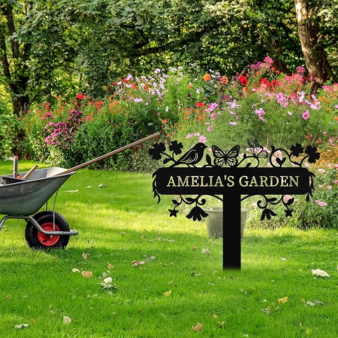 Personalized Metal Garden Signs with Stake, Custom Garden Signs for Outside Waterproof, Customized Name Sign Yard Lawn Gardens Decor Gardening Gifts for Moms Grandmas Gardeners