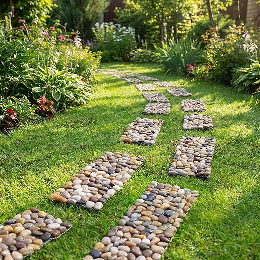 Qualdout River Rocks Stepping Stones Pavers Outdoor for Garden Walkway, Pebbles Polished Gravel for Yard Lawn Patio Pathway Landscaping, 6PCS (Rectangle)