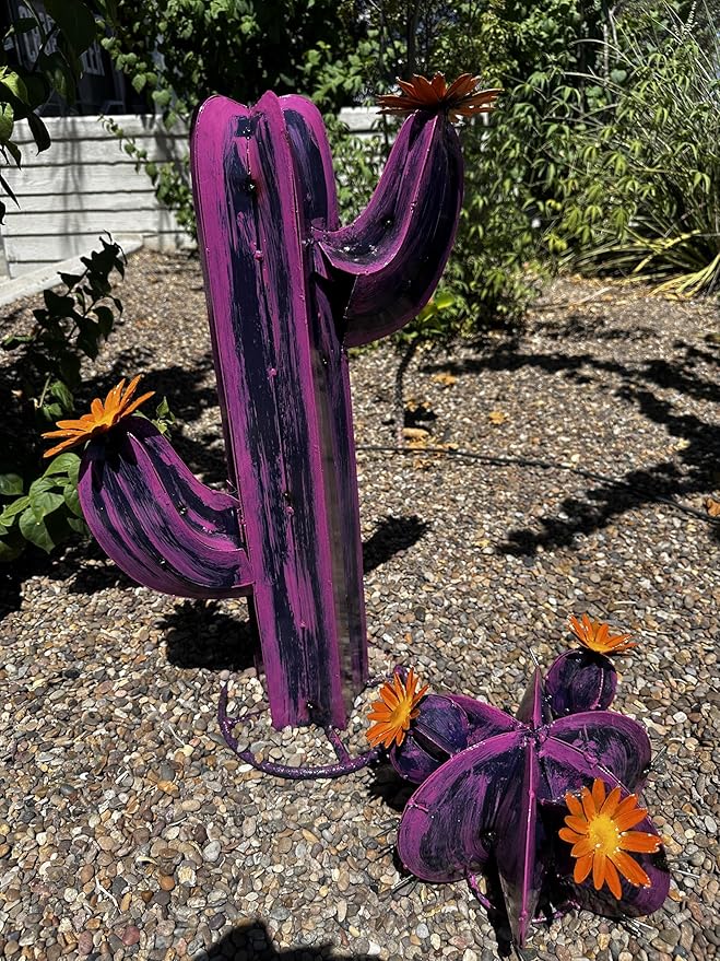 Colorful Metal Saguaro Cactus with Flowers - Handmade Garden Decor (Purple)