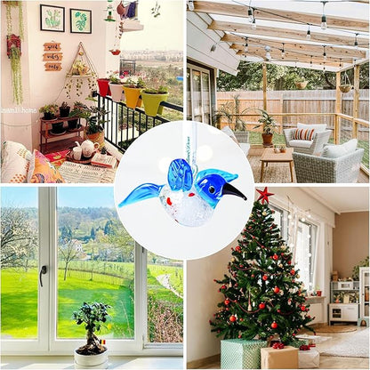 Blown Glass Ornament - Hummingbird,3'' Art Glass Blue Bird Animal Collectable Decorative Hanging Suncatcher for Christmas Tree Window Garden Ornaments