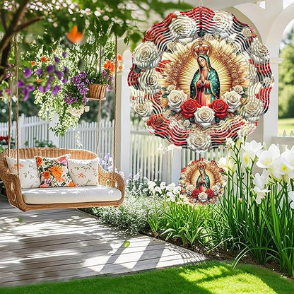 Virgin Mary Wind Spinner Outdoor, Christian Decor Gift, Hanging Metal Wind Catcher with 2.4" Guadalupe Center Pendant, 12" 3D Stainless Steel Kinetic Art for Garden Yard