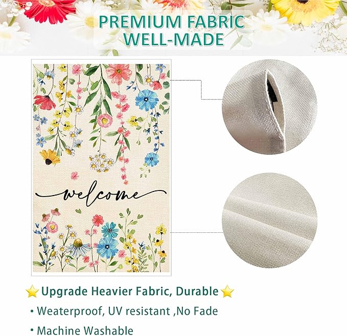 Baccessor Spring Welcome Floral Garden Flag 12.5x18 Inch Double Sided Summer Flower Yard Flag Outside Outdoor Seasonal Burlap Funny Flowers Flags Home Patio Decoration