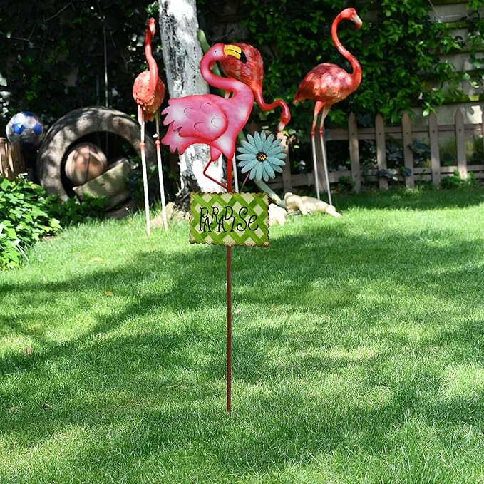 Metal Flamingo Garden Stakes Welcome Yard Sign Decorative Pink Flamingos Ornament Indoor Outdoor Party Stake Lawn Art Patio Backyard Flower Bed Decor (Green, L)