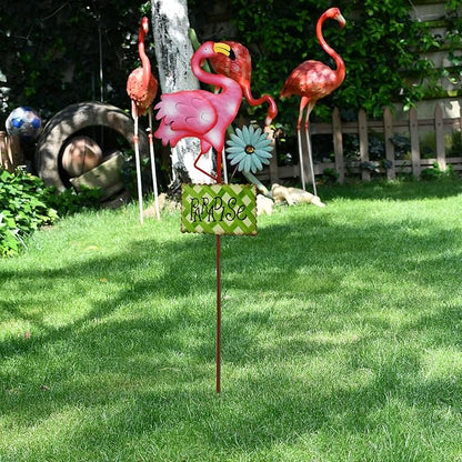 Metal Flamingo Garden Stakes Welcome Yard Sign Decorative Pink Flamingos Ornament Indoor Outdoor Party Stake Lawn Art Patio Backyard Flower Bed Decor (Green, L)
