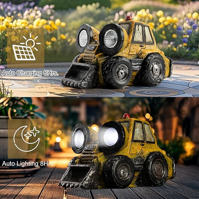 Etlemonde Garden Statue Outdoor Solar Truck Decor with Light Rustic Vintage Bulldozer Construction Decoration for Lawn Patio Yard Gifts for Men