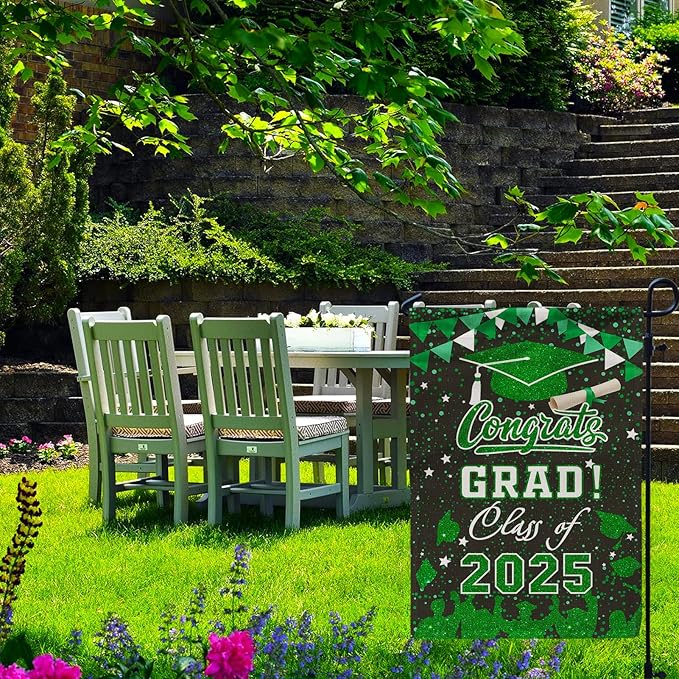 Graduation Garden Flag Class of 2025, Green Congrats Grade Flag for Outside Party Hanging Decorations 12x18 Inch Burlap