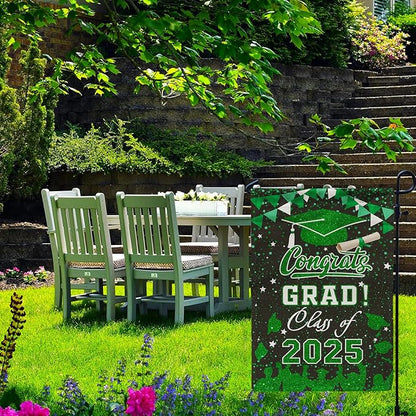 Graduation Garden Flag Class of 2025, Green Congrats Grade Flag for Outside Party Hanging Decorations 12x18 Inch Burlap