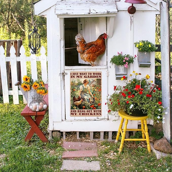 Funny Chicken Signs I Just Want To Work In My Garden Outdoor And Hang Out With My Chickens Tin Sign for Home Farm Chicken Coop Farmhouse Kicthen Garden Decor 8 X 12 Inch