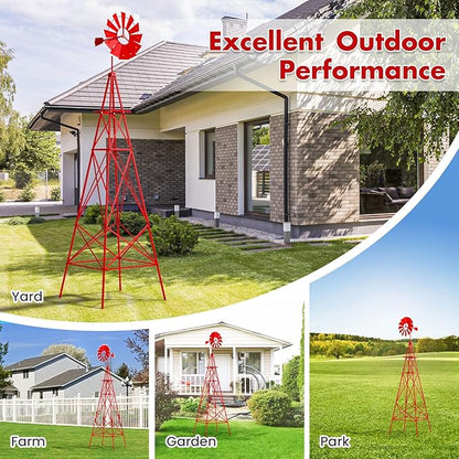 DREAMADE 8ft Steel Windmill, Farmhouse Windmill Decoration with Directional Vane, 4 Anchoring Stakes & Reinforced Base, Weather-Ready Garden Spinner for Backyard, Garden, Patios, Rural Areas (Red)