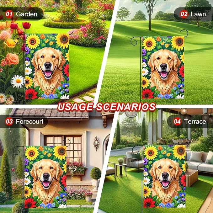 BlissYard Spring Dog Garden Flag Double Sided 12x18 Inch Cute Golden Retriever Seasonal Welcome Small Flags For Outside Outdoor Decor Yard Farmhouse Holiday Spring Summer Decorations Yard Flags