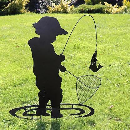 Boy Silhouettes Fishing Playing Vintage Metal Garden Stake Silhouette Sculpture, Yard Garden Metal Stake Rustic Outdoor, Yard Art Decor