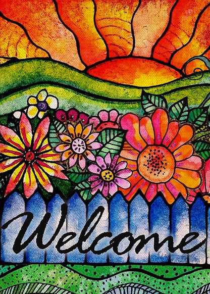 Home Decorative Welcome Spring Watercolor Flowers Garden Flag, Summer Sunshine House Yard Abstract Floral Outside Decorations, Sunrise Farmhouse Seasonal Outdoor Small Decor Double Sided 12x18