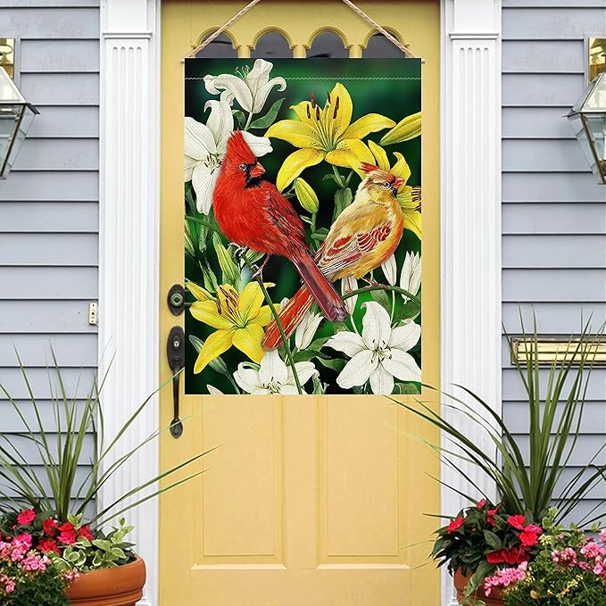 Furiaz Decorative Cardinal Flower Spring Summer Large House Flag Double Sided, Red Yellow Birds Home Lily Burlap Outside Garden Yard Decoration, Green Seasonal Outdoor Décor Flag 28 x 40