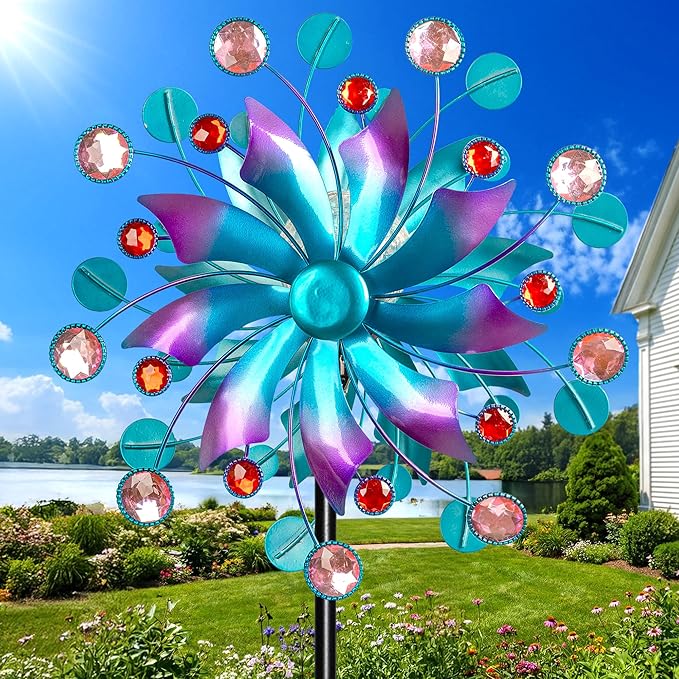360°Solar Wind Spinner with Lights Blue Metal Garden Outdoor Decor Yard Lawn Art Decor for Patio Kinetic Windmills Unique Gifts for Friends and Family 60.63'' H x 13.38'' Dia