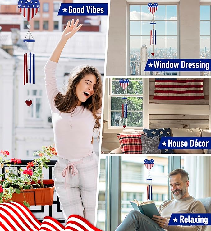 CoTa Global USA Flag Heart Wind Chime - American Flag Patriotic Indoor or Outdoor Windchime Home Decor with Hanging Bells, Handcrafted Glass and Metal Wind Chimes for Yard, Garden, Porch – 36 Inches