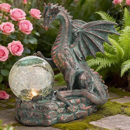TERESA'S COLLECTIONS Dragon Outdoor Statues with Solar Crackle Globe Light, Resin Bronze Gothic Garden Decor,Touching Magic Ball Resin Lawn Ornaments for Patio Yard Decorations Gifts for Mom Dad, 6"
