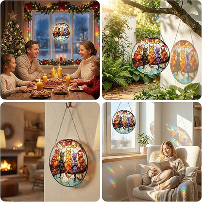 5 Cats on a Branch Stained Glass Window Hanging – Cute Sun Catchers Indoor Window Décor, Suncatchers for Windows Hanging with Warm Light Effect, Lovely Stained Glass Suncatcher for Home & Gift