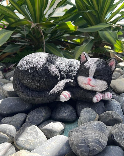 Elenon Cat Garden Statue Decorative for Yard, Black & White Sleeping Cat Figurines Home Lawn Decor, Patio Kitten Tuxedo Statues Pets Memorial Ornament for Cat Lovers