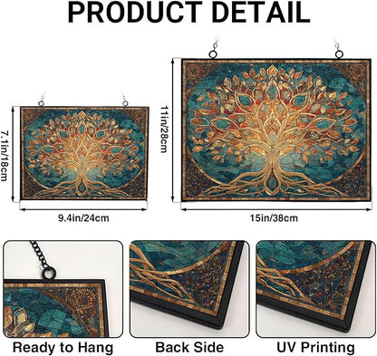 Rectangle Mosaic Sacred Geometry Tree of Life Stained Glass Suncatcher Window Hangings, Suncatchers Colorful Glass Panel Sun Catchers Gifts, Decoration for Home Garden Christmas Party