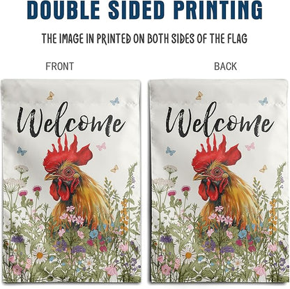 Spring Summer Garden Flag Farmhouse Chicken Garden Flags for Outside Floral Rooster Yard Flag 12x18 Double Sided Small Outdoor Welcome Flags Farm Chicken Coop Decor