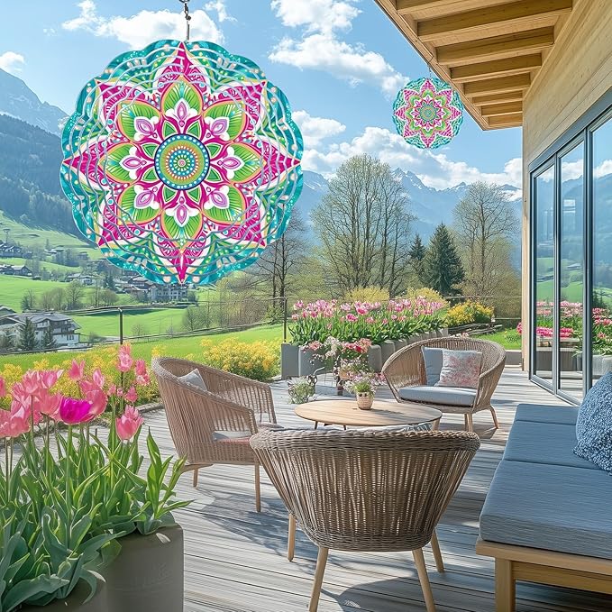 Wind Spinners Outdoor, Hanging Wind Spinner for Garden Decoration, 8 inch 3D Stainless Steel Metal Wind Sculpture for Indoor/Outdoor Decor, Mandala A