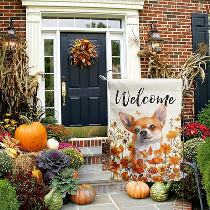Chihuahua Fall Garden Flag Autumn Dog Yard Sign Orange Floral Thanksgiving Outdoor Banners for Outside 12x18 Double Sided Small Wild Flower Lawn Decorations